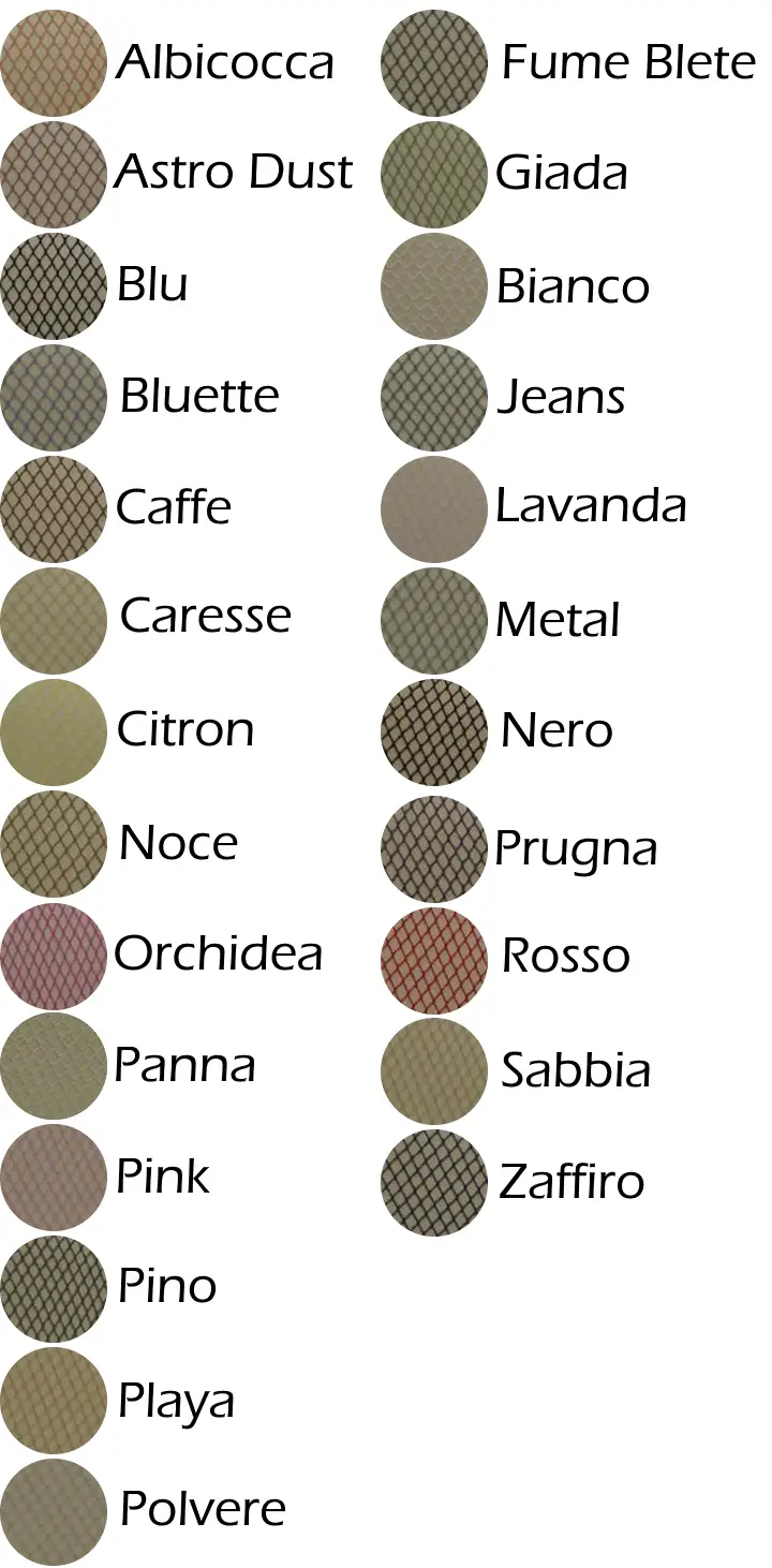 Albicocca, Astro Dust, Bianco, Blu, Bluette, Caffe, Caresse, Citron, Fume Blete, Giada, Jeans, Lavanda, Metal, Sort (Nero), Noce, Orchidea, Panna, Pink, Pino, Playa, Polvere, Prugna, Rosso, Sabbia, Zaffiro